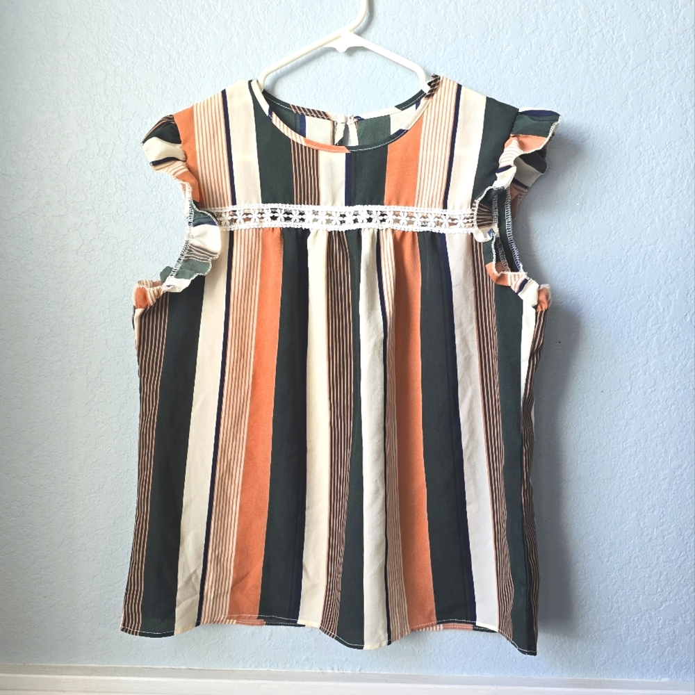 NWOT Striped blouse with ruffle cap sleeves | lace embellishment | size medium